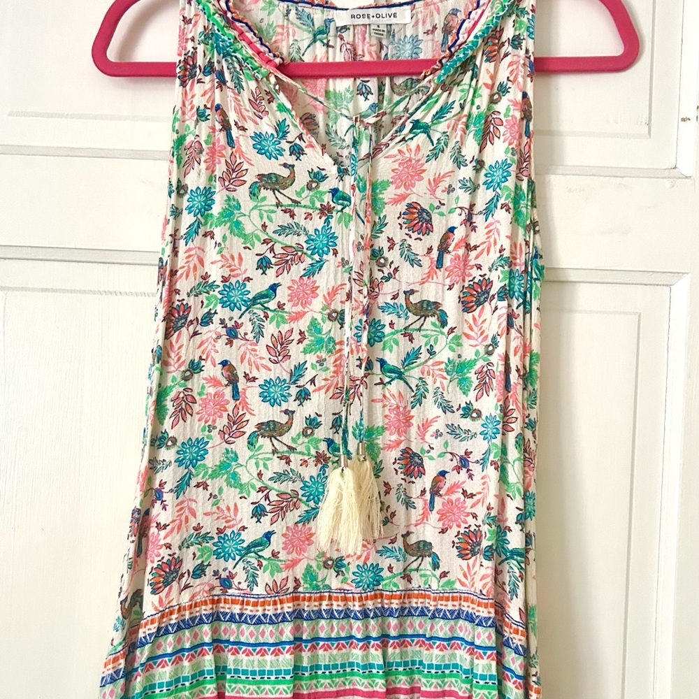 Rose + Olive Print Sleeveless Top with Tassel